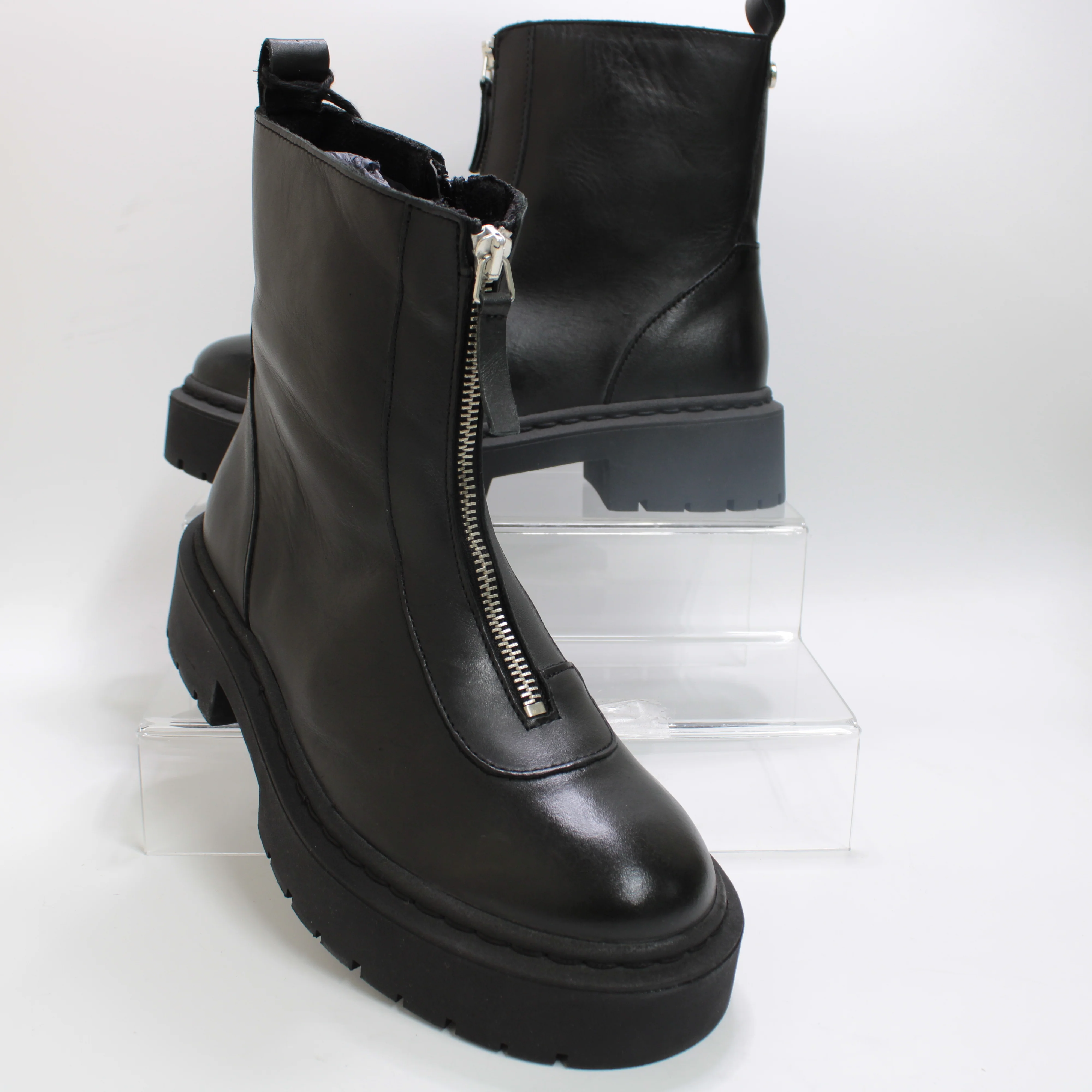 Womens Steve Madden Gabby Biker Boots Black Leather - Image 5